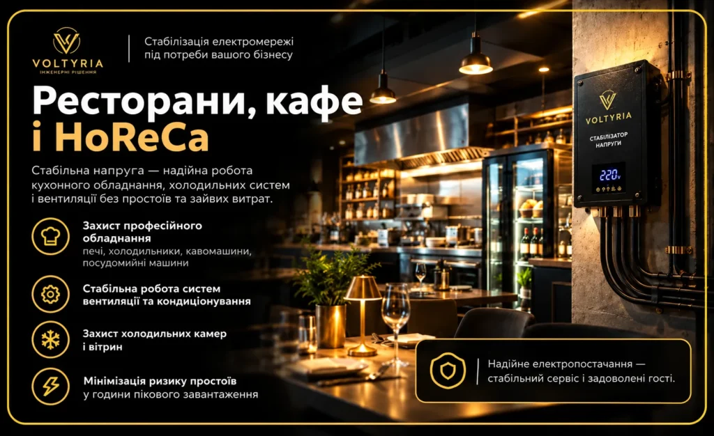 Стабілізатор напруги для ресторану та кафе в Одесі — захист кухонного обладнання, холодильних систем і вентиляції від перепадів напруги Voltyria