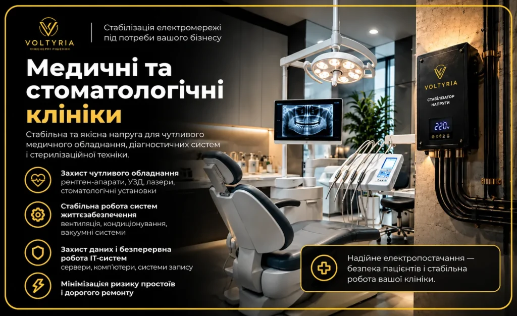 Стабілізатор напруги для медичних і стоматологічних клінік в Одесі — захист діагностичного обладнання та стоматологічних установок від перепадів напруги Voltyria