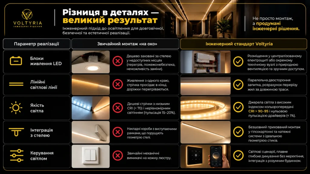 Світлотехнічний інжиніринг та монтаж складних систем освітлення в Одесі Стандарти світлотехнічної інтеграції Voltyria в Одесі — порівняння звичайного монтажу та інженерного підходу до LED-освітлення, розміщення блоків живлення, якості світла, прихованого монтажу й автоматизації.