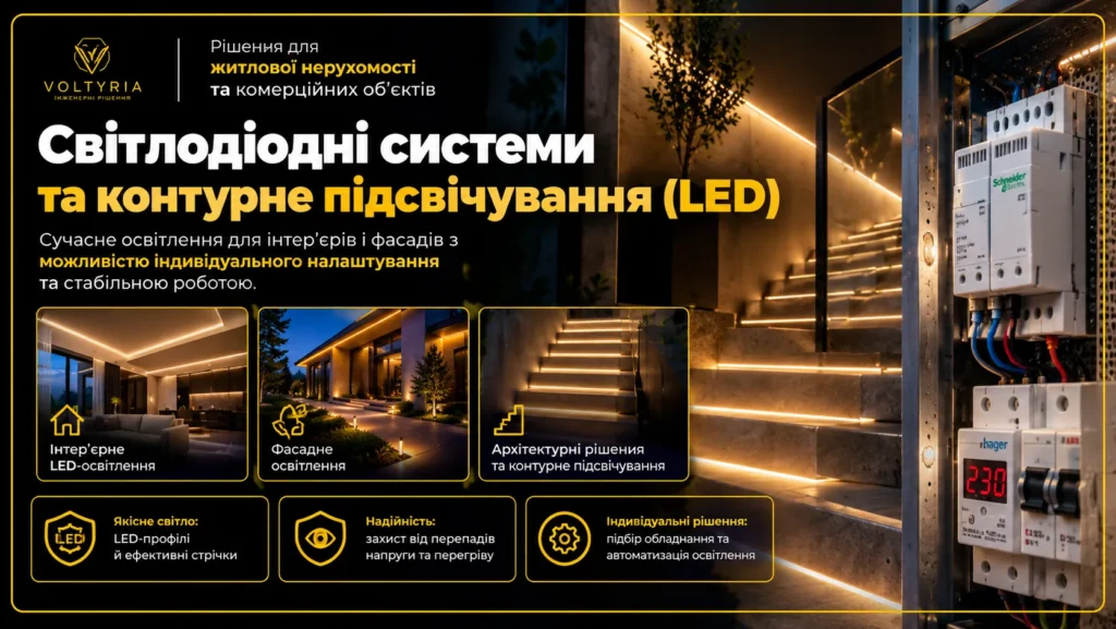 Світлотехнічний інжиніринг та монтаж складних систем освітлення в Одесі Світлодіодні системи та контурне LED-підсвічування в Одесі — монтаж прихованого освітлення інтер’єрів, сходів і фасадів з інтеграцією в електросистему будинку | Voltyria.
