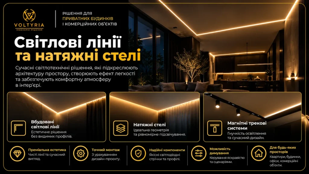 Монтаж світлодіодного (LED) освітлення та контурного підсвічування в Одесі Світлові лінії та натяжні стелі з LED-підсвічуванням в Одесі — монтаж вбудованих світлодіодних профілів, прихованого контурного освітлення та сучасних світлових систем | Voltyria.