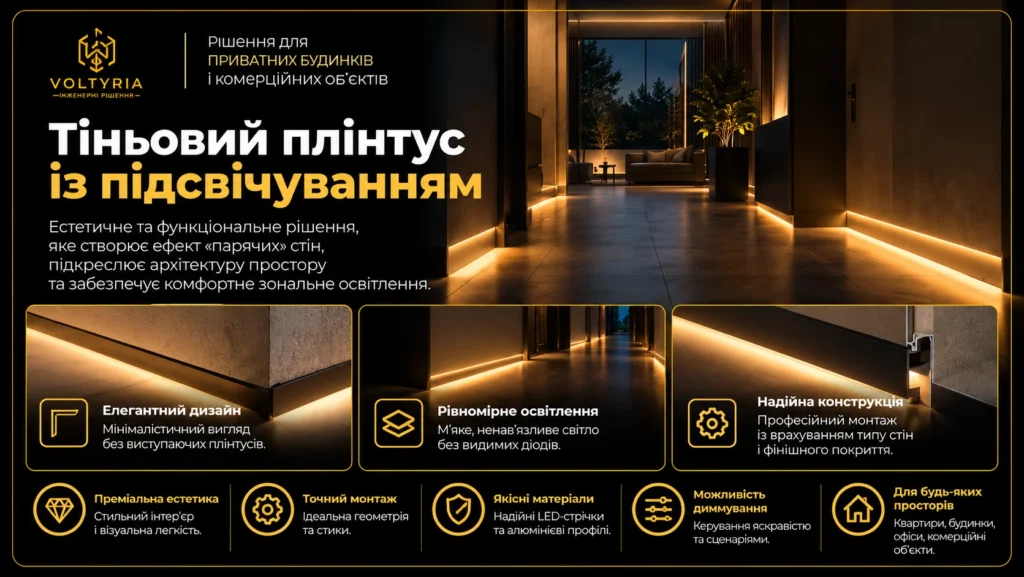 Монтаж світлодіодного (LED) освітлення та контурного підсвічування в Одесі Тіньовий плінтус із LED-підсвічуванням в Одесі — приховане контурне освітлення вздовж стін, монтаж алюмінієвих профілів і створення ефекту «парящих» стін | Voltyria.