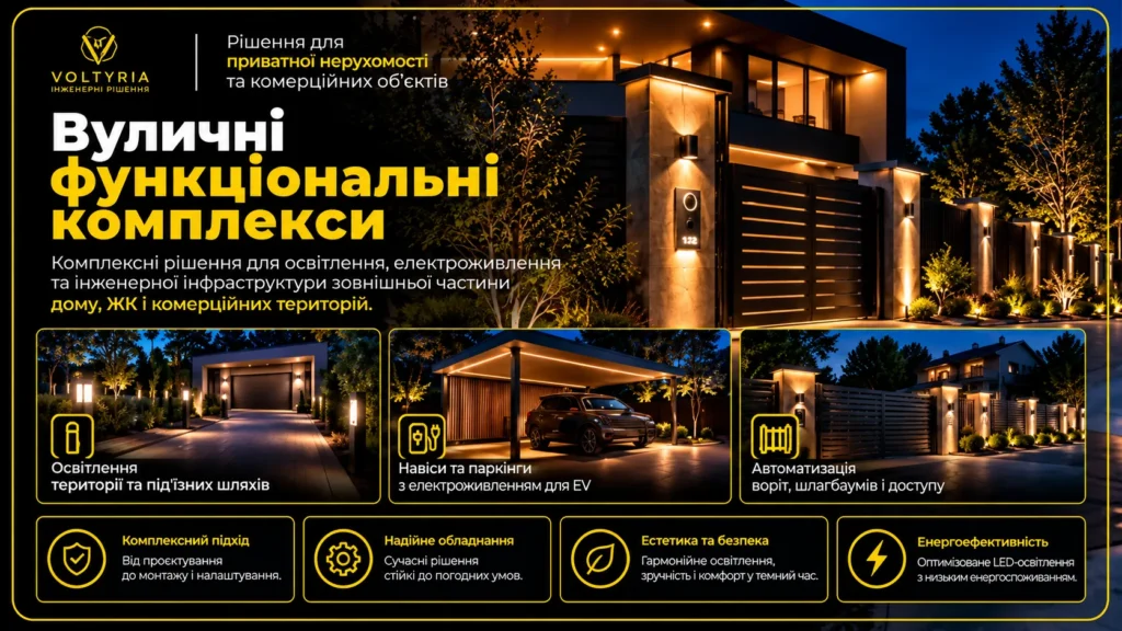 Світлотехнічний інжиніринг та монтаж складних систем освітлення в Одесі Вуличне функціональне освітлення в Одесі — LED-підсвічування під’їзних шляхів, паркінгів, воріт і приватних територій із системами автоматизованого керування | Voltyria.