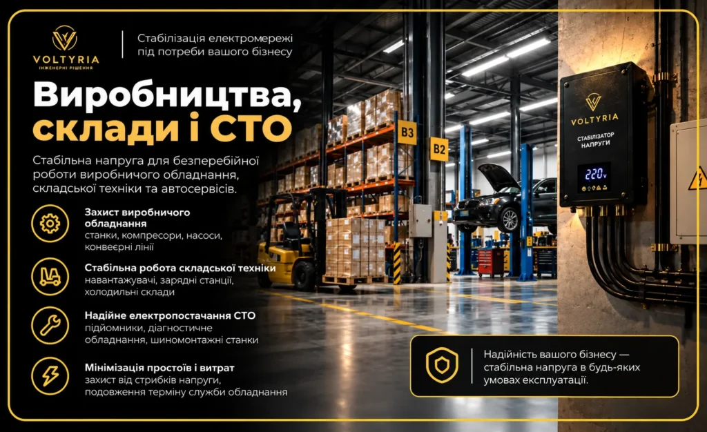 Стабілізатори напруги для виробництв, складів і СТО в Одесі — захист промислового обладнання та складської техніки Voltyria