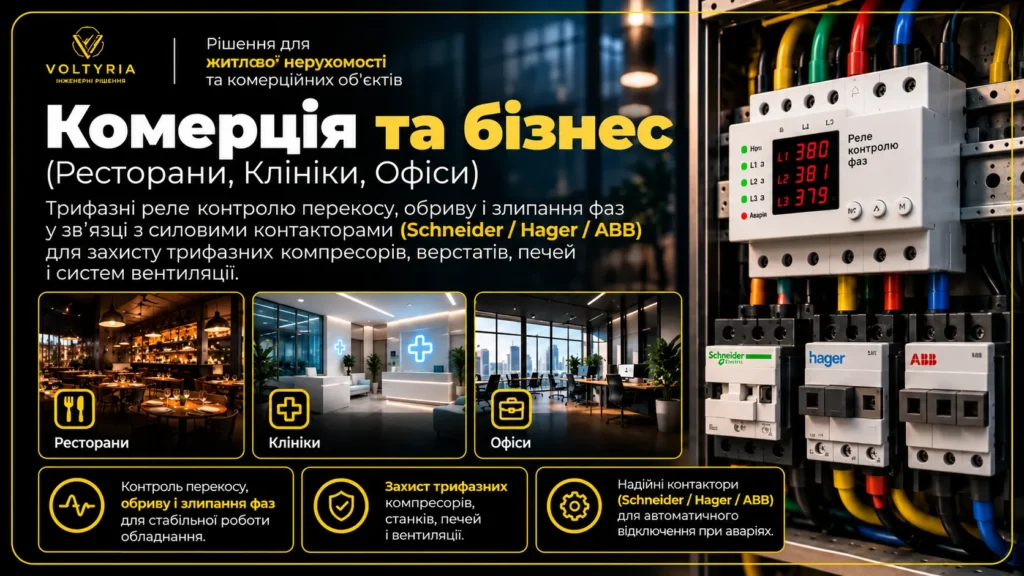 Комплексний захист трифазної електромережі ресторанів, клінік та офісів в Одесі — реле контролю фаз і силові контактори Schneider Electric, Hager та ABB | Voltyria.