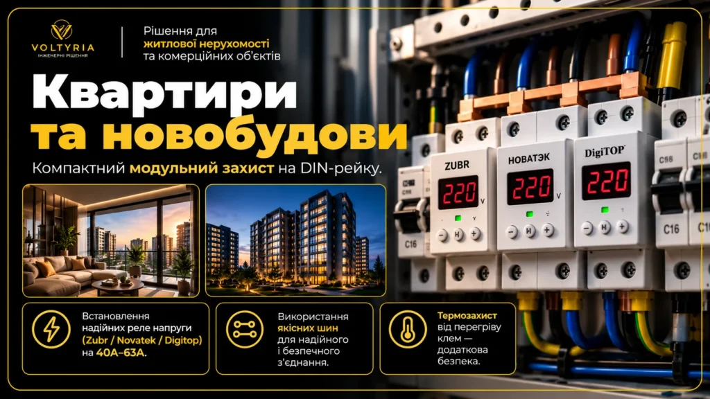 Комплексний захист електромережі квартир і новобудов в Одесі — встановлення реле контролю напруги ZUBR, Novatek і DigiTOP в електрощиті | Voltyria.