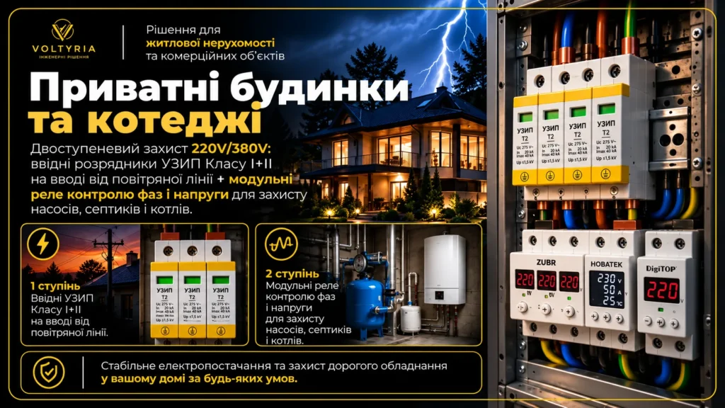 Комплексний захист електромережі приватного будинку та котеджу в Одесі — встановлення ПЗІП, реле контролю напруги та фаз для захисту від грозових імпульсів і перенапруг | Voltyria.