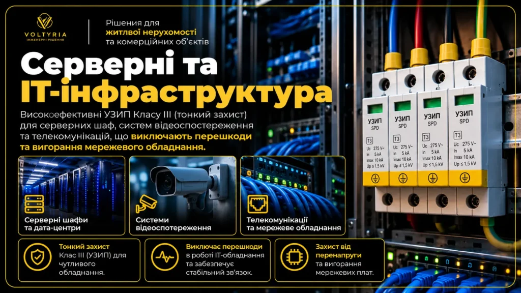 Захист електромережі серверних та IT-інфраструктури в Одесі — встановлення ПЗІП для захисту серверного, телекомунікаційного обладнання та систем відеоспостереження від імпульсних перенапруг | Voltyria.