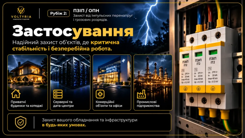 Застосування ПЗІП для захисту електромережі від грозових і комутаційних перенапруг у приватних будинках, серверних, комерційних об'єктах та на промислових підприємствах — Voltyria Одеса.
