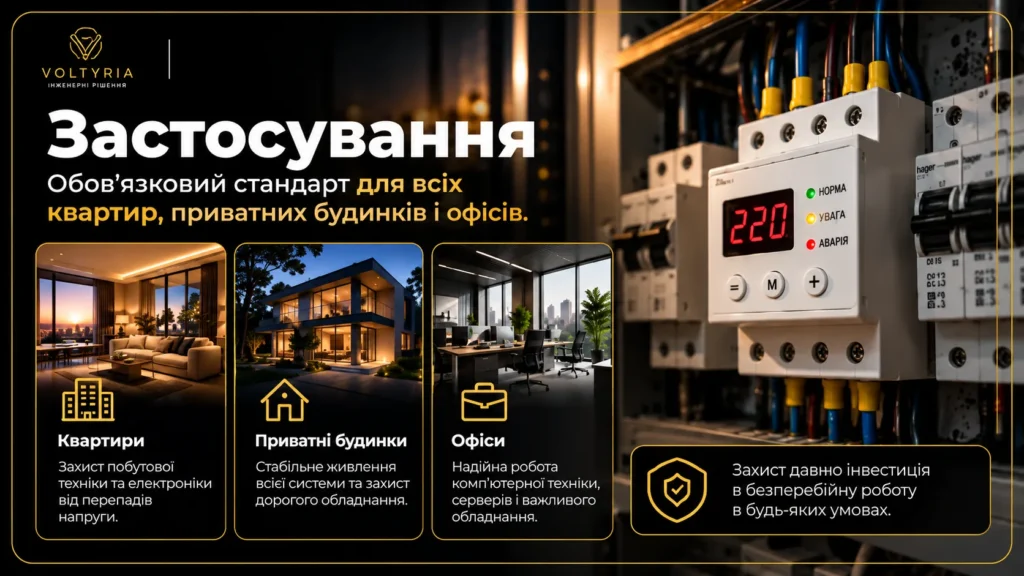 Застосування реле контролю напруги для захисту електромережі квартир, приватних будинків та офісів від небезпечних перепадів напруги — Voltyria Одеса.