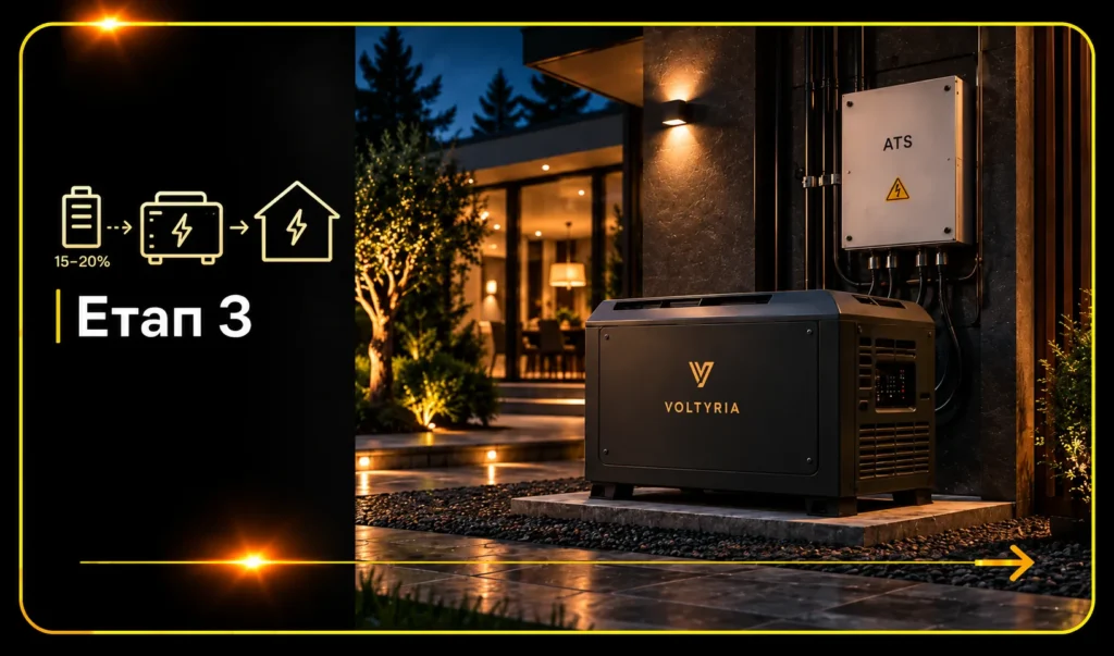 Етап 3 роботи комплексної системи резервного живлення Voltyria — автоматичний запуск генератора при зниженні заряду акумуляторів LiFePO4 до 15–20% для безперебійного електропостачання приватного будинку в Одесі.