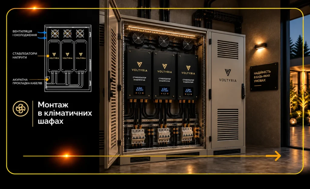 Монтаж трьох стабілізаторів напруги Voltyria у вентильованій кліматичній шафі з примусовим охолодженням, захисною автоматикою та організованою кабельною розводкою. 