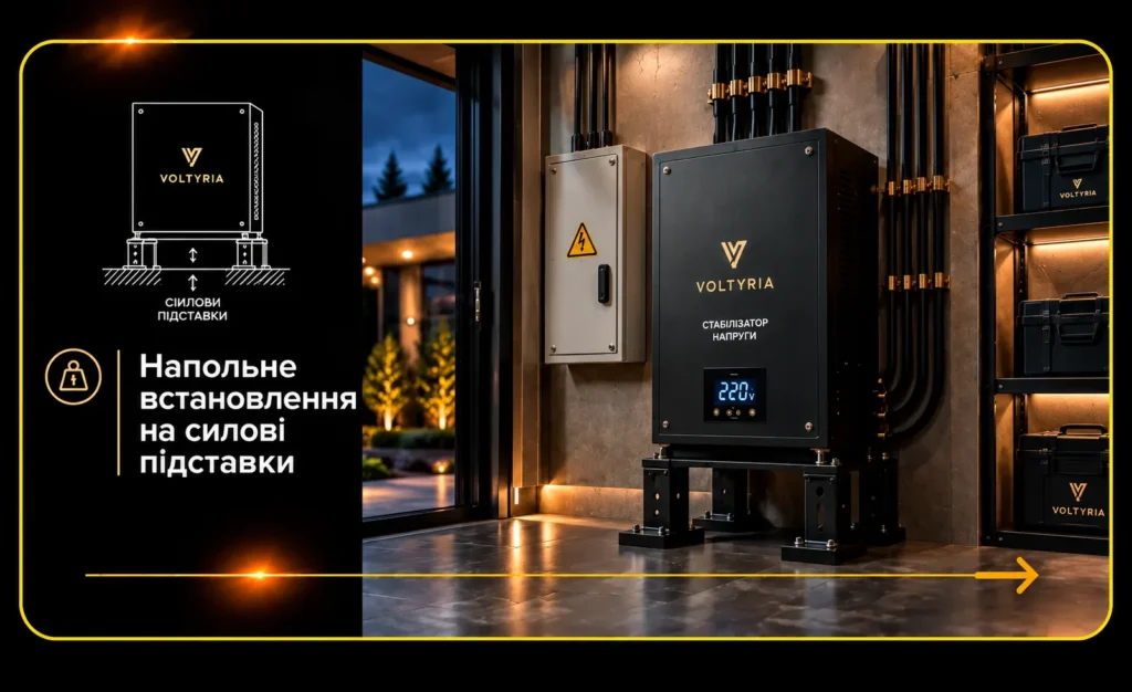Підлогове встановлення стабілізатора напруги Voltyria на силових металевих підставках із підключенням до електрощита в технічному приміщенні. 