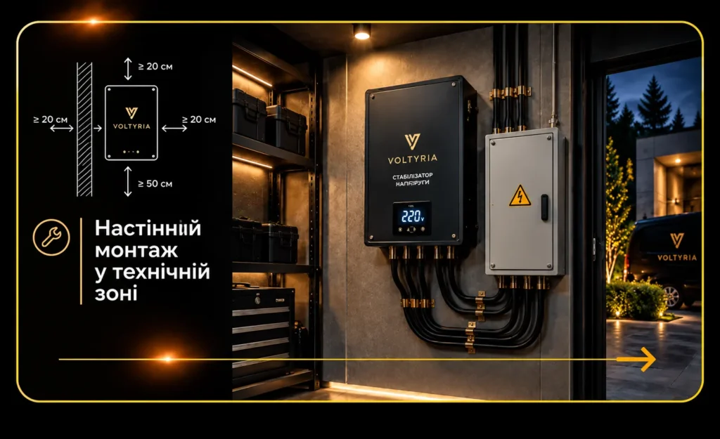 Настінний монтаж стабілізатора напруги Voltyria у технічному приміщенні з підключенням до електрощита та дотриманням вентиляційних зазорів. 
