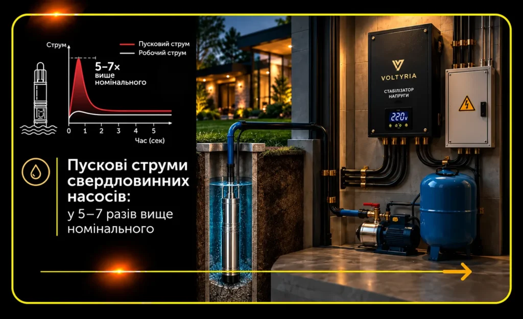 Пускові струми свердловинних насосів у 5–7 разів вищі за номінальні — стабілізатор напруги Voltyria для приватного будинку в Одесі.
