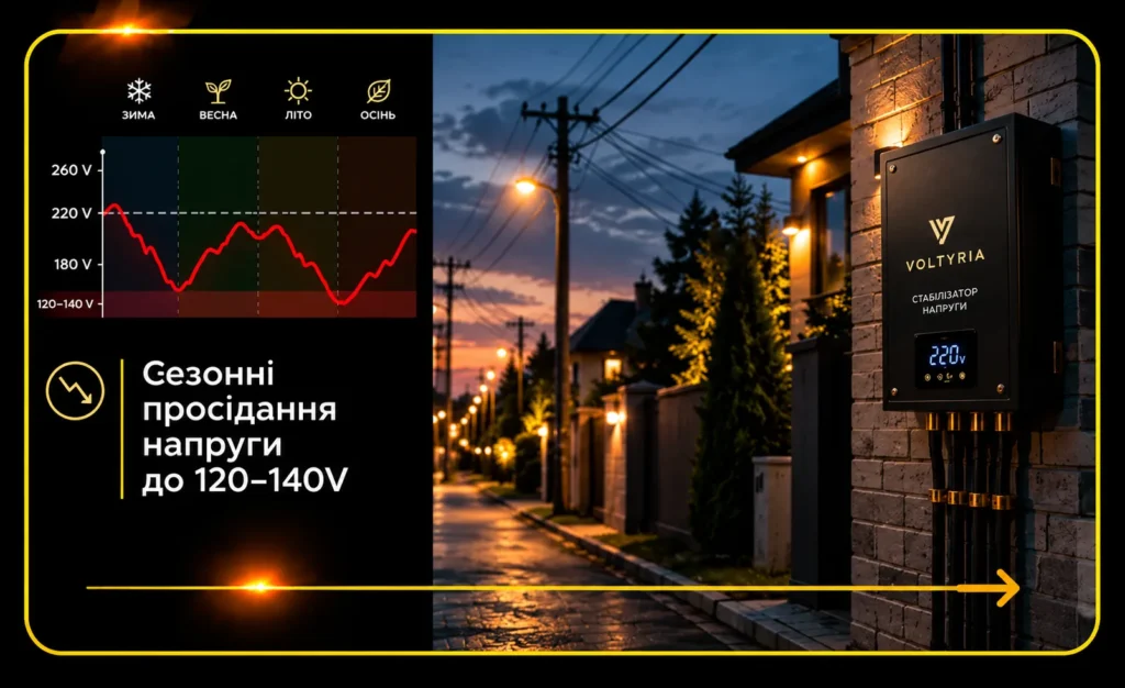 Сезонні просідання напруги до 120–140 В у приватному секторі Одеси — графік коливань електромережі та стабілізатор напруги Voltyria для захисту будинку.