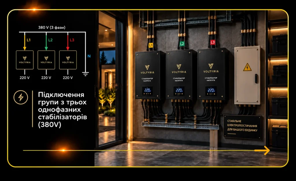 Підключення трьох однофазних стабілізаторів напруги Voltyria до трифазної мережі 380 В з окремим захистом кожної фази та підключенням до електрощита. 