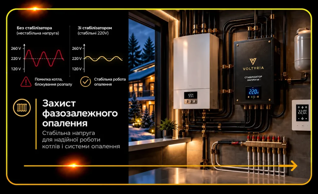 Захист фазозалежного газового котла від перепадів напруги за допомогою стабілізатора Voltyria у приватному будинку в Одесі.