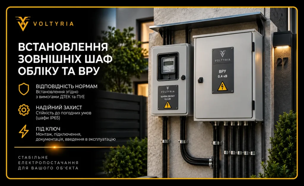 Встановлення зовнішніх шаф обліку електроенергії та ввідно-розподільних пристроїв (ВРУ) на фасаді приватного будинку в Одесі — електромонтаж Voltyria.