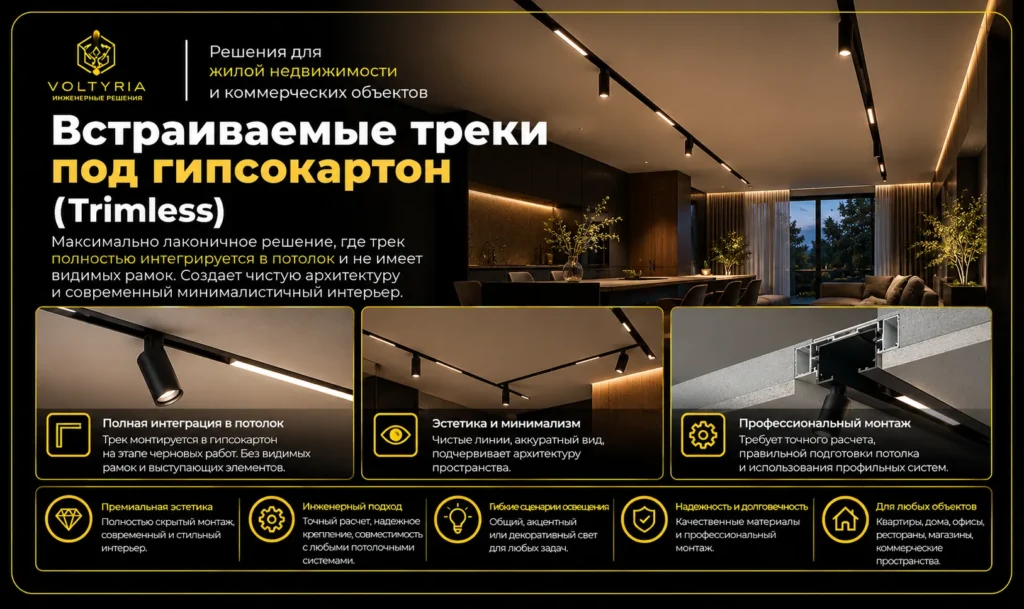 Встраиваемые треки под гипсокартон Trimless — скрытый монтаж трекового освещения Voltyria