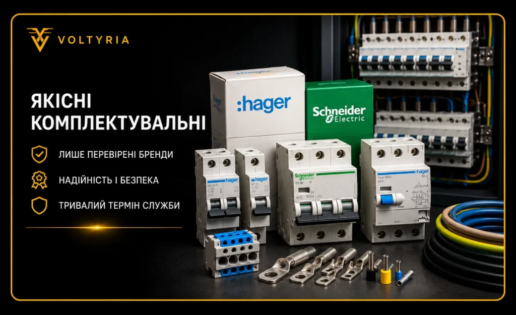 Якісні комплектувальні Hager та Schneider Electric для складання електрощитів в Одесі — автоматичні вимикачі, ПЗВ та захисна автоматика Voltyria