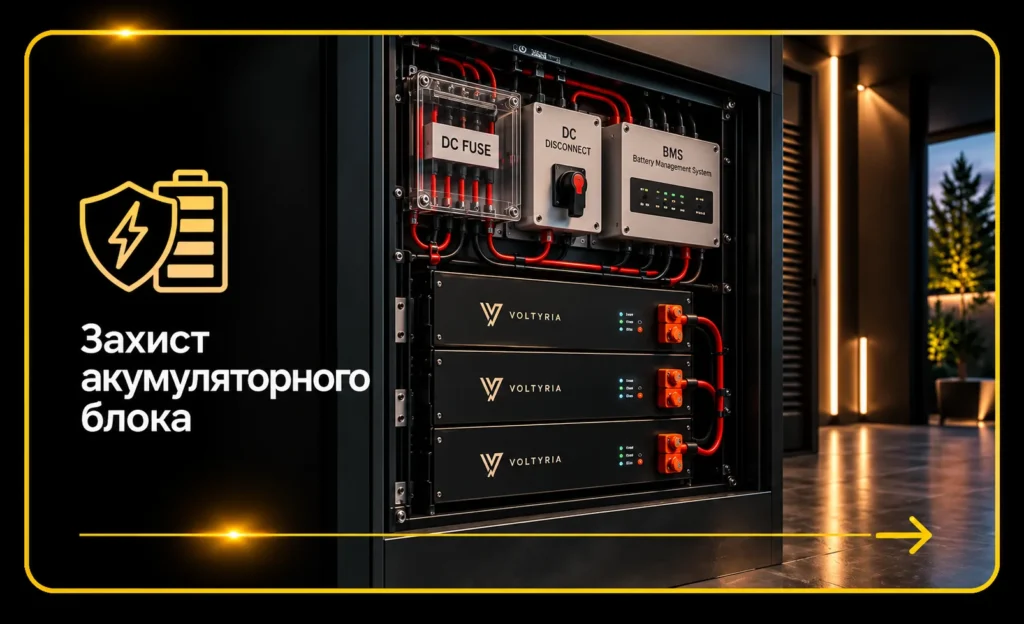 Захист акумуляторного блока системи резервного живлення — DC-запобіжники, вимикач та BMS, монтаж в Одесі | Voltyria
