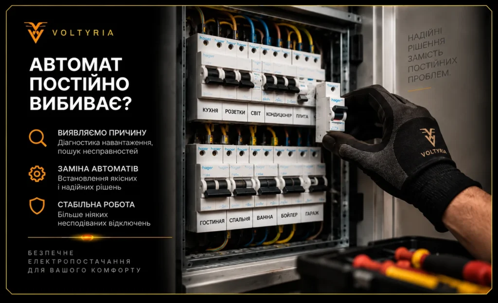 Заміна автоматів у електрощитку в Одесі Заміна автоматичного вимикача в електрощиті в Одесі — діагностика причин частого спрацювання та встановлення захисної автоматики Voltyria.