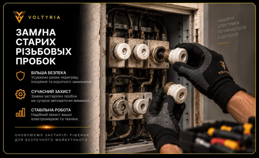 Заміна автоматів у електрощитку в Одесі Заміна старих різьбових пробок в електрощиті на сучасні автоматичні вимикачі — модернізація електрозахисту Voltyria в Одесі.