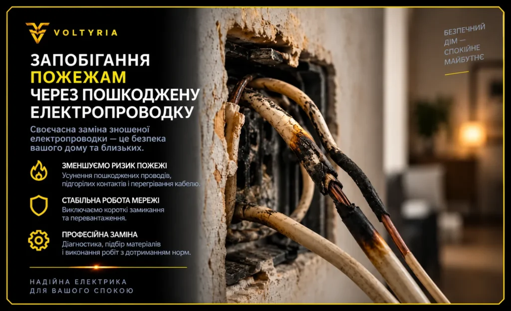 Монтаж і заміна ПЗВ в Одесі під ключ Пошкоджена електропроводка з обгорілою ізоляцією та оголеними жилами — ризик пожежі й необхідність заміни проводки, Voltyria, Одеса.