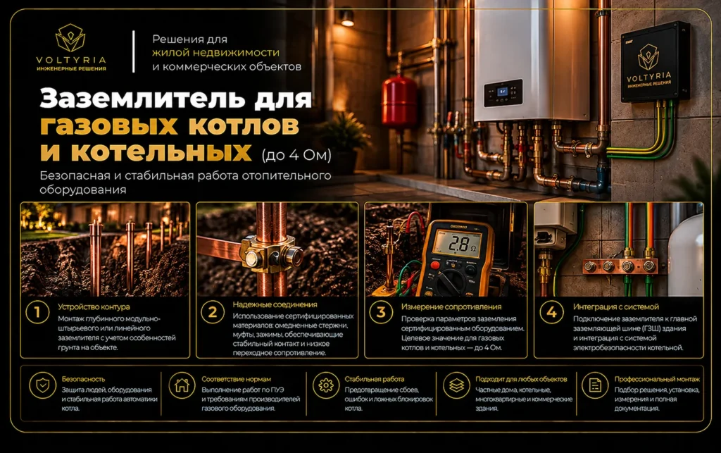 Заземление газовых котлов и котельных — монтаж заземляющих электродов, измерение сопротивления и подключение к главной заземляющей шине здания Voltyria