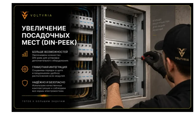 Збільшення кількості посадкових місць на DIN-рейках під час модернізації електрощита в Одесі — електрик Voltyria встановлює додаткові монтажні рейки для розміщення захисної автоматики.